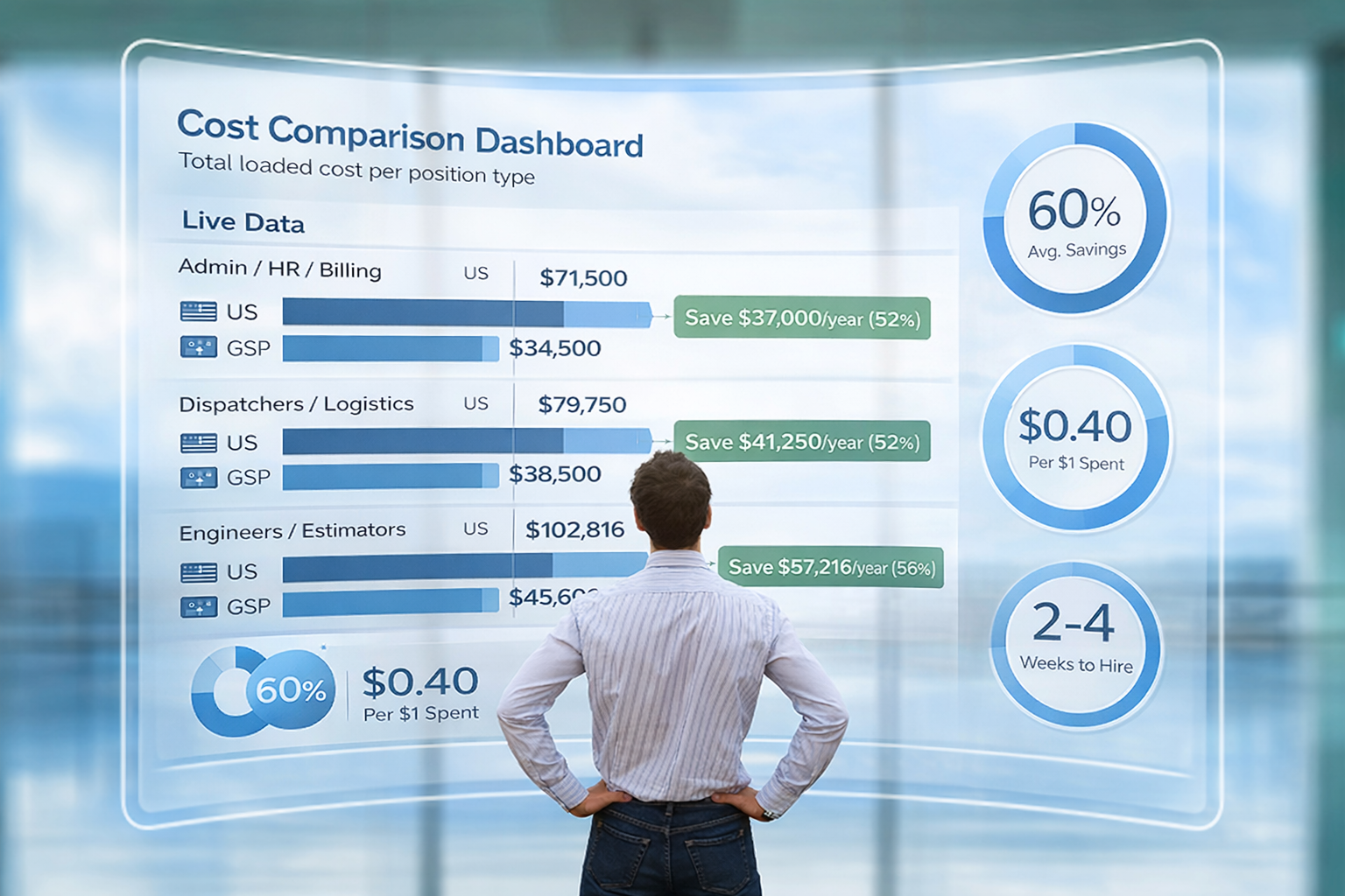 Cost Comparison Dashboard showing savings comparison between US and GSP costs for different positions